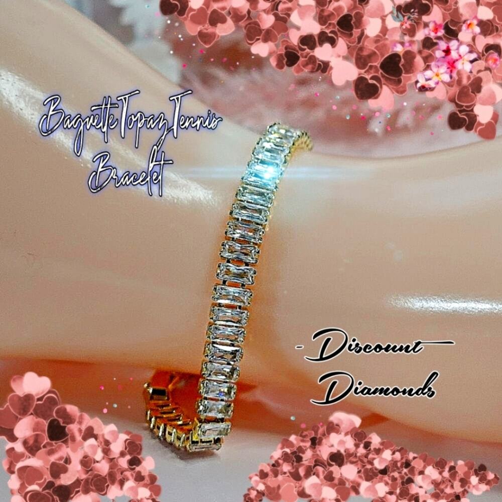 Rectangular 8 mm Clear White Topaz Tennis Bracelet 14K Gold over 925 Silver